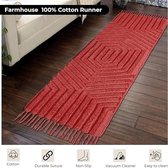 Boho Runner Rug 2x6' Washable Kitchen Rugs with Tassels Indoor Farmhouse Rugs for Bedroom Aesthetic Tufted Rug for Laundry Room Doorway Living Room_Rust Bricks
