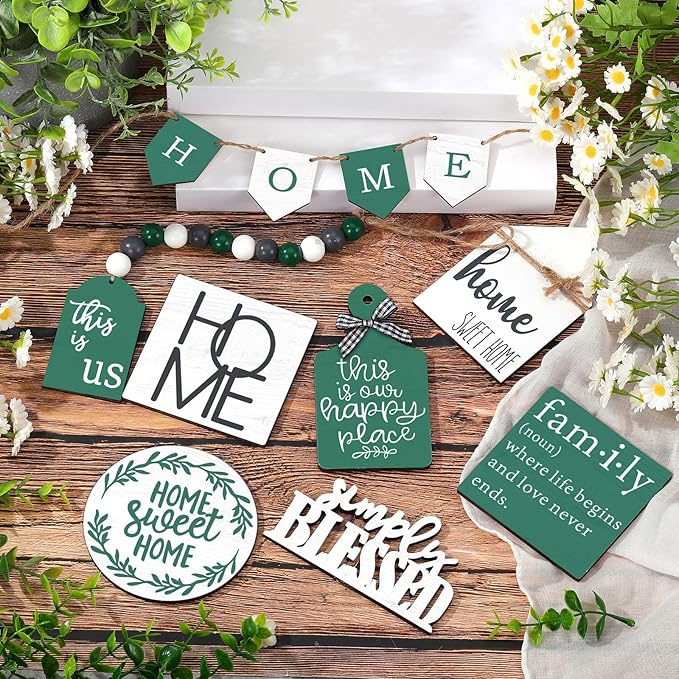 Set of 11 Spring Farmhouse Tiered Tray Decor Rustic Spring Home Tiered Decorations Set Home Wooden Signs Green Farmhouse Tabletop Wood Trays for Decorative Trays