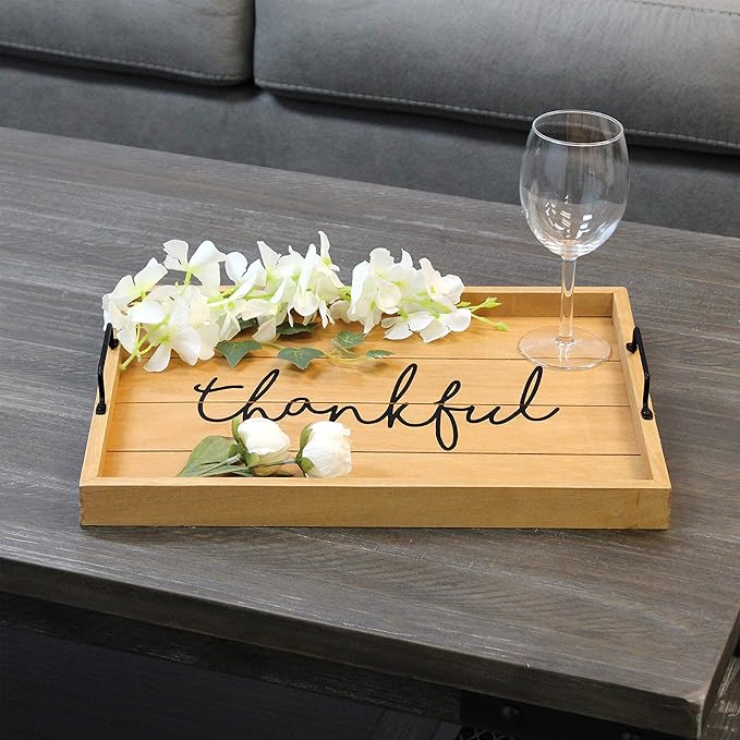 Elegant Designs HG2000-NTF Decorative Wood Serving Tray w/Handles, 15.50" x 12", Thankful