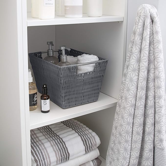 Simplify 12"x10"x8" Medium Woven Basket for Storage with Handles, Nursery, Playroom, Toys, Bedroom, Closet, Clothes, Office, Decorative Rattan Totes, Charcoal