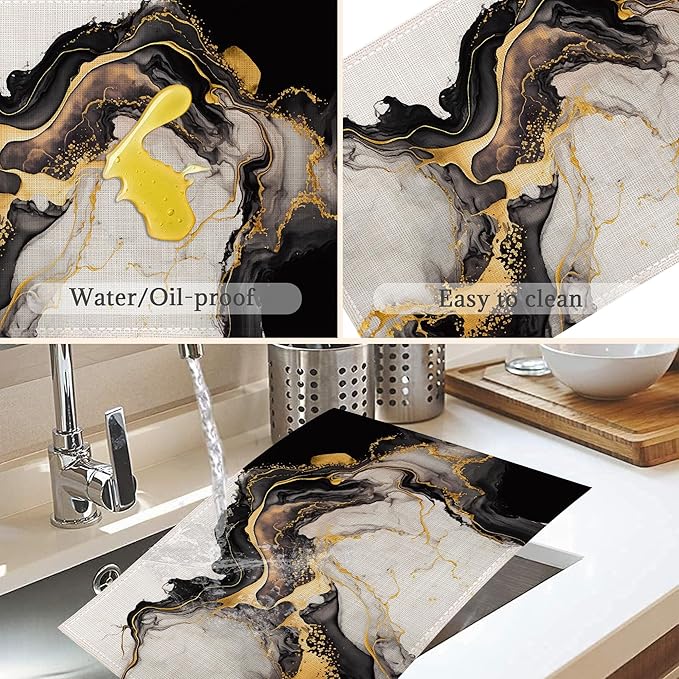 White Black Placemats Set of 6,Washable Heat Resistant 12×18 Inch Linen Table Mats Golden Marble Place Mats for Party Outdoor Dining Décor