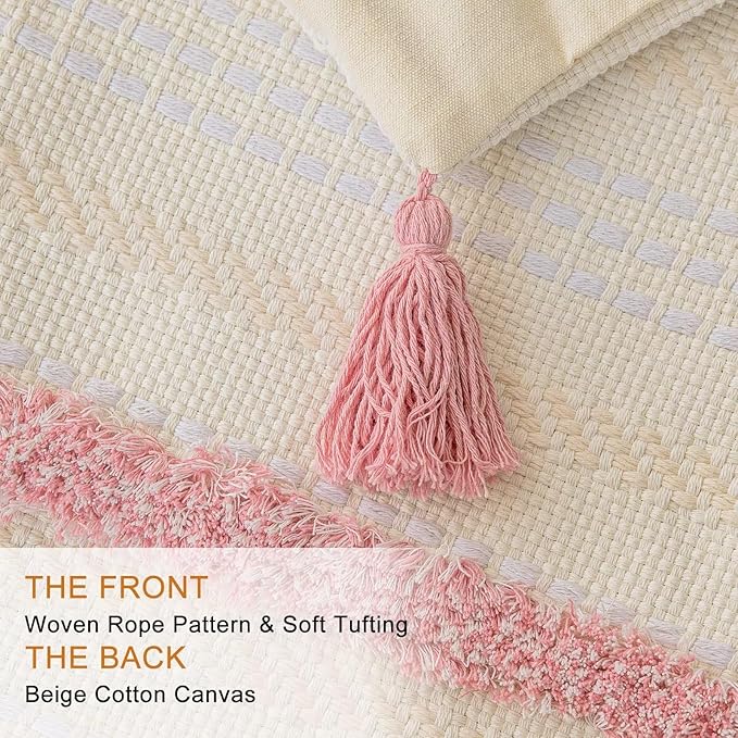 Boho Throw Pillow Covers 12x20 Set of 2 Woven Tufted Farmhouse Pillows Cover with Tassels Textured Striped Cushion Case Lumbar Pillow Cases Decorative Pillowcase for Sofa, Couch, Bed, Pink