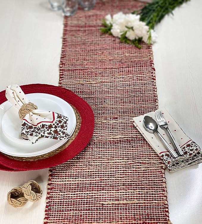 Chardin home Natural Jute Table Runner - 13x108 Inch. Rustic Farmhouse Style - Colors: Natural Jute and Red