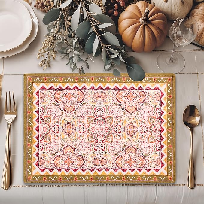 Maison d' Hermine Placemats Set of 4 100% Cotton Washable Cloth Place Mats, Reusable Table Mats for Kitchen Dining Decoration, Party, Wedding, Restaurant (Damask, 13" x 19")