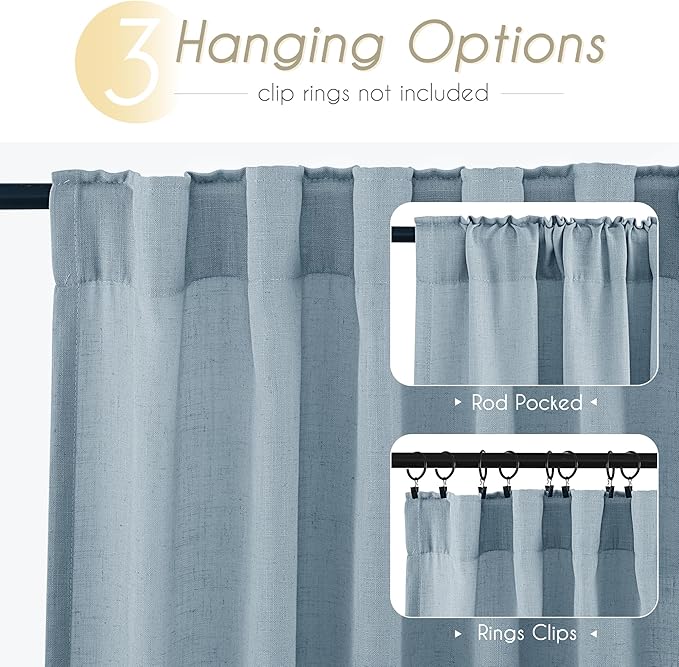 Dusty Blue Linen Curtains for Living Room Back Tab Light Filtering Semi Sheer Light Blue Bedroom Curtain Linen Cotton Textured Grey Blue Drapery Panel Airy Modern Farmhouse Aesthetic Decor 52x102 Long
