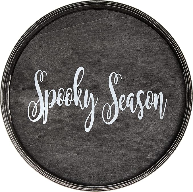 Elegant Designs HG2013-BKS Decorative 13.75" Round Wood Serving Tray w/Handles, Black Wash Spooky Season