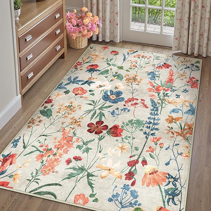 Beige Area Rug 5x7 Floral Washable Living Room Kitchen Boho Carpet Non Slip Low Pile Indoor Accent Lightweight Soft Throw Rug for Bedroom Office Dining Room Nursery Farmhouse