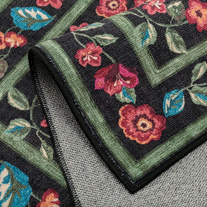 Black Area Rug 2x3 Washable Entryway Door Mat Entrance Non Slip Kitchen Carpet Soft Floral Indoor Vintage Low Pile Accent Throw Rug for Office Dining Room Nursery Bathroom Farmhouse