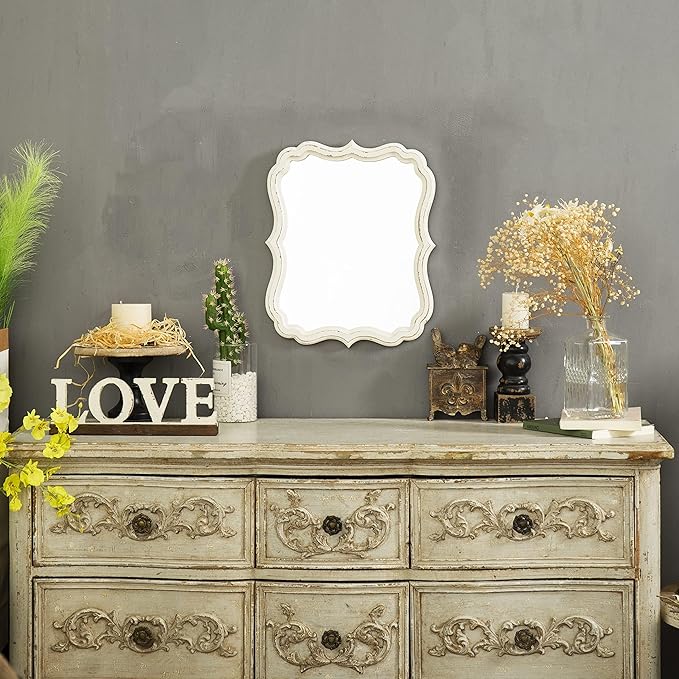 Rustic White Small Scalloped Wall Mirror 12" x 15", Mirror Wall Decor, Decorative Wall Mounted Mirrors, Bathroom Mirrors for Vanity, Distressed Finish Vintage Wall Mirror for Living Room