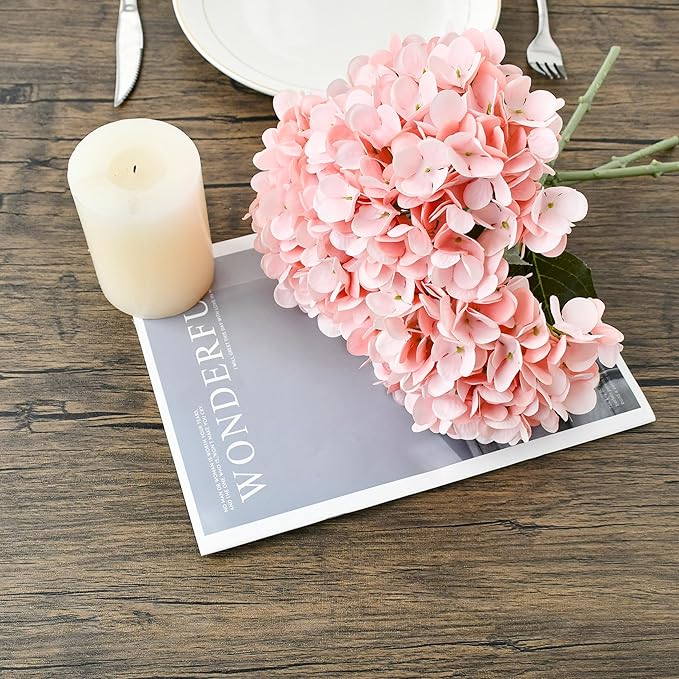 Mandy's 3 Stems Light Pink Artificial Hydrangea Flowers – 13.7” Realistic Silk Bouquet for Centerpieces, Wedding & Home Decor