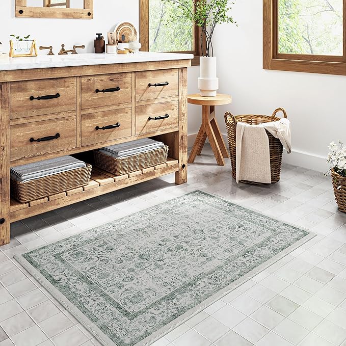 Dark Green Entryway Area Rug 2x3 Door Mat Machine Washable Kitchen Vintage Distressed Non Slip Carpet Indoor Retro Floral Accent Throw Small Rug for Bathroom Office Bedroom Dining Room