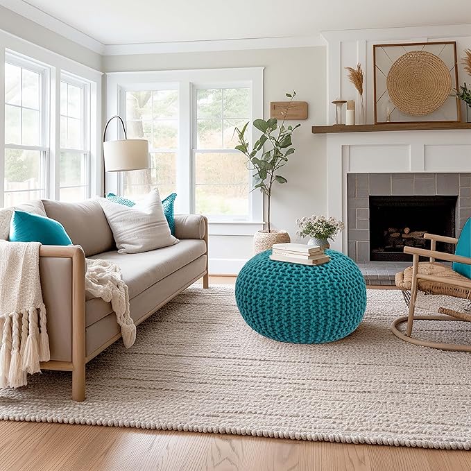 COTTON CRAFT Round Pouf - Hand Knitted Cotton Braid Cord Cable Dori Ottoman - Foot Stool - Floor Pouf Footrest Accent Seat Furniture Bean Bag - Living Room Kids Room Nursery Dorm Décor - 20x14 - Teal