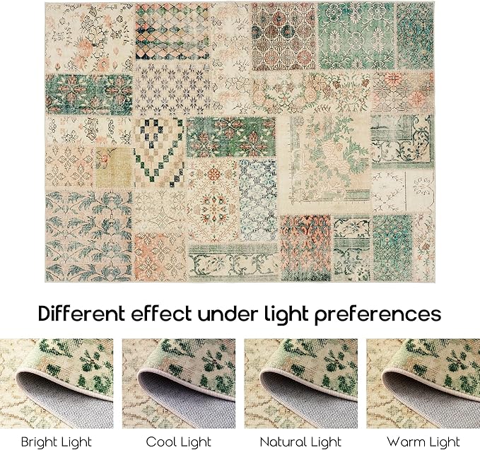Boho Living Room Rug 5x7,Floral Botanical Plaid Geometric Print Neutral Washable Vintage Rustic Farmhouse Area Rugs for Dining Room Bedroom,Light Tan Beige Brown and Dark Green Rust Burnt Orange
