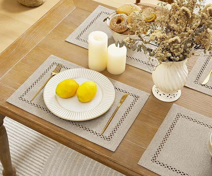 Burlap Placemats Set of 6, 12 x 18 Inch Rustic Geometric Hollow Place Mats, Heat Resistant Placemats for Farmhouse Kitchen Table Decor, Coffee 6PCS