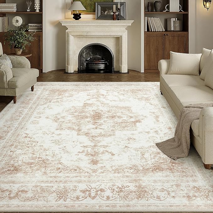Washable Rug 6x9 Area Rug for Living Room Beige Vintage Boho Medallion Large Distressed Retro Carpet Non Slip Indoor Low Pile Small Soft Bedroom Dining Room Home Office