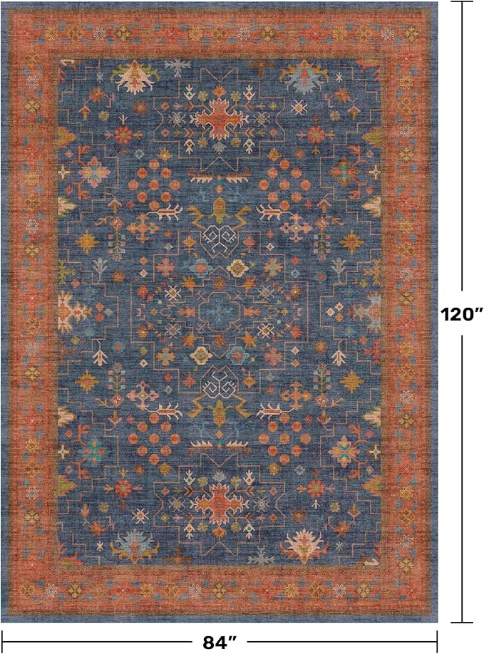 Washable Navy Blue Living Room Rug, 7x10 Area Rug for Bedroom, Dining Table Rugs - Low Pile Non-Slip Rubber Backing Stain Resistant Rug - Aethestic Boho Home Decor