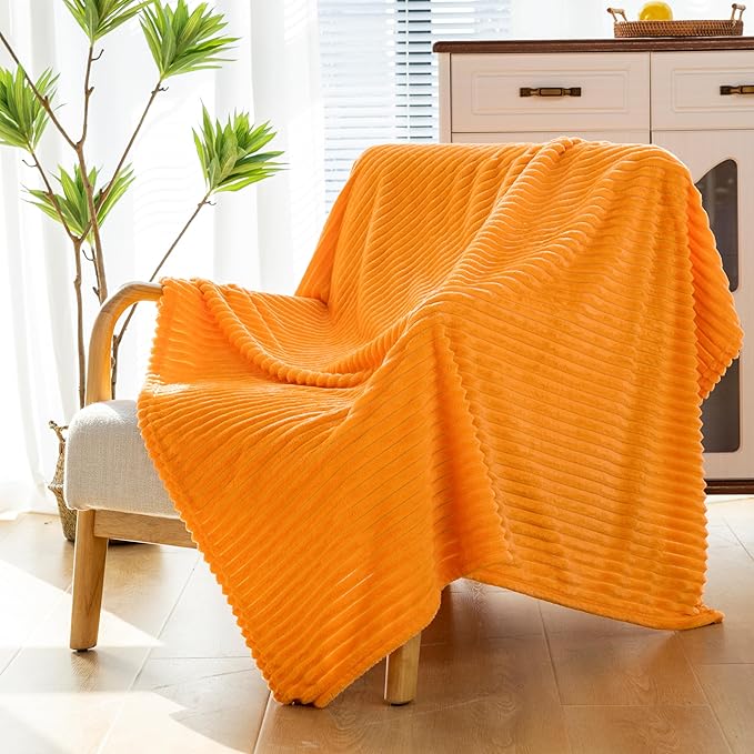 Vessia Flannel Fleece Throw Blanket for Couch,Sofa,Bed(50x70inch), 300GSM Microfiber Orange Striped Chair Blanket for Adults and Kids, Super Soft Warm Cozy Lightweight Ribbed Throw for All-Season