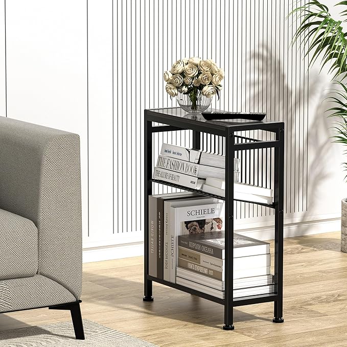 End Table for Small Space, 3-Tier Narrow Side Table with Magazine Holder,Slim Nightstand, Skinny Snack Couch Table in Living Room, Bedroom Study and Balcony (Grey)