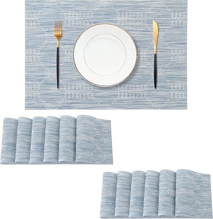 Leetaltree Jacquard Blue Placemats Set of 12 - Heat Resistant Non-Slip Place mats for Dining Table, Washable Durable PVC Vinyl Woven Table Mats(Jacquard Blue, 12)