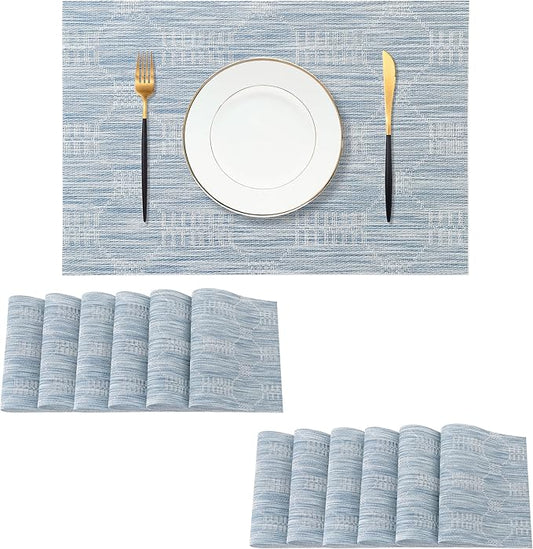 Leetaltree Jacquard Blue Placemats Set of 12 - Heat Resistant Non-Slip Place mats for Dining Table, Washable Durable PVC Vinyl Woven Table Mats(Jacquard Blue, 12)