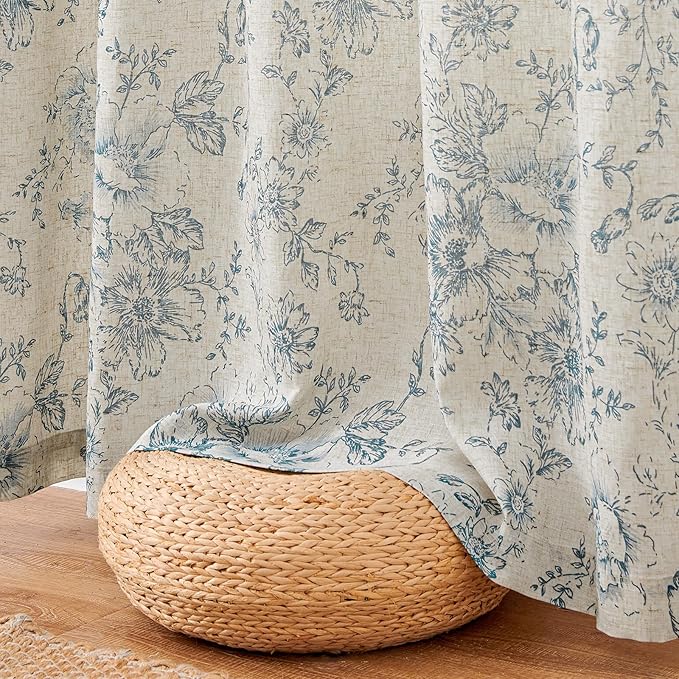 jinchan Lined Linen Blend Curtain Floral Curtains for Living Room 90 Inches Long Blue Peony Flower Printed Curtain Rod Pocket Back Tab Farmhouse Patterned Drapes Bedroom Window Curtains Set 2 Panels