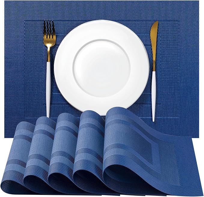 Placemats Set of 12 - Easy Clean Woven Vinyl Placemats for Dining Table, Indoor/Outdoor Place Mats, Washable PVC Table Mats(Navy Cube)