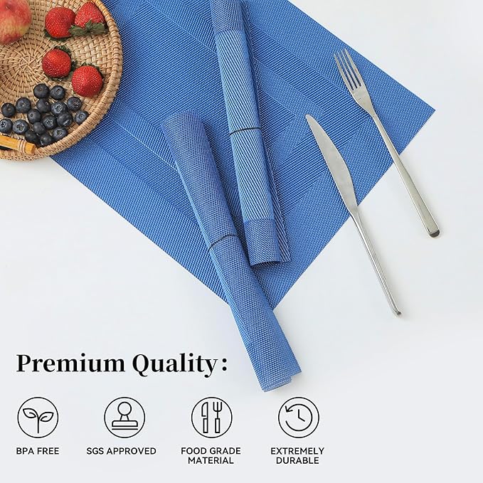 Leetaltree Blue Frame Placemats Set of 8 - Heat Resistant Non-Slip Place mats for Dining Table, Washable Durable PVC Vinyl Woven Table Mats(Blue Frame, 8)