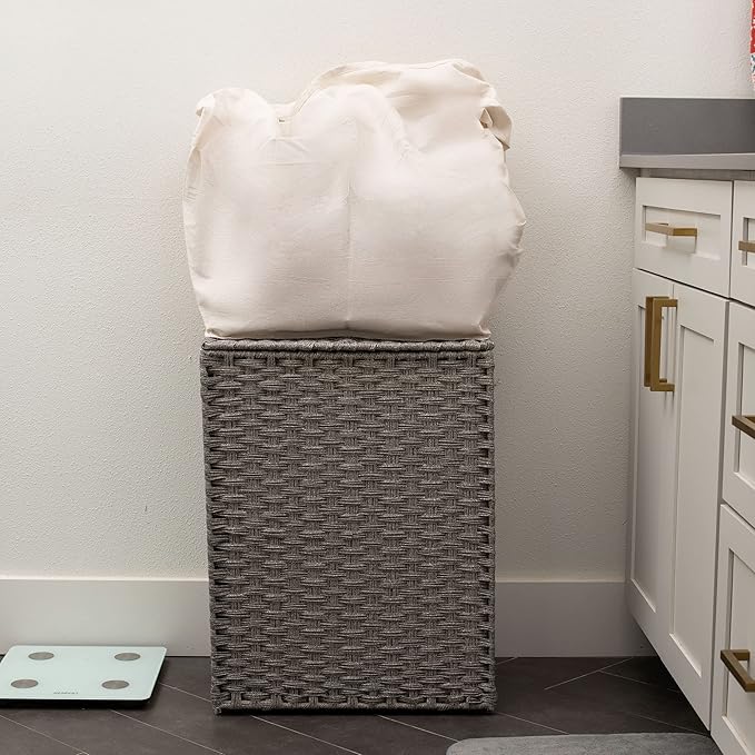 BIRDROCK HOME Laundry Hamper with Lid - Hand Woven PE Rattan Clothes Basket with Removable Liner Bag - Small Collapsible & Foldable Laundry Bin Organizer Storage for Bathroom, Bedroom - Single, Grey