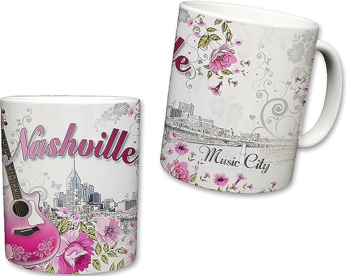 Sweet Gisele | City of Nashville Ceramic Mug | Coffee Cup | Downtown Skyline Background | Music City Theme | Pink Guitar & Floral Pattern Foreground | Great Novelty Gift | 11 Fl. Oz (Pink/Grey)