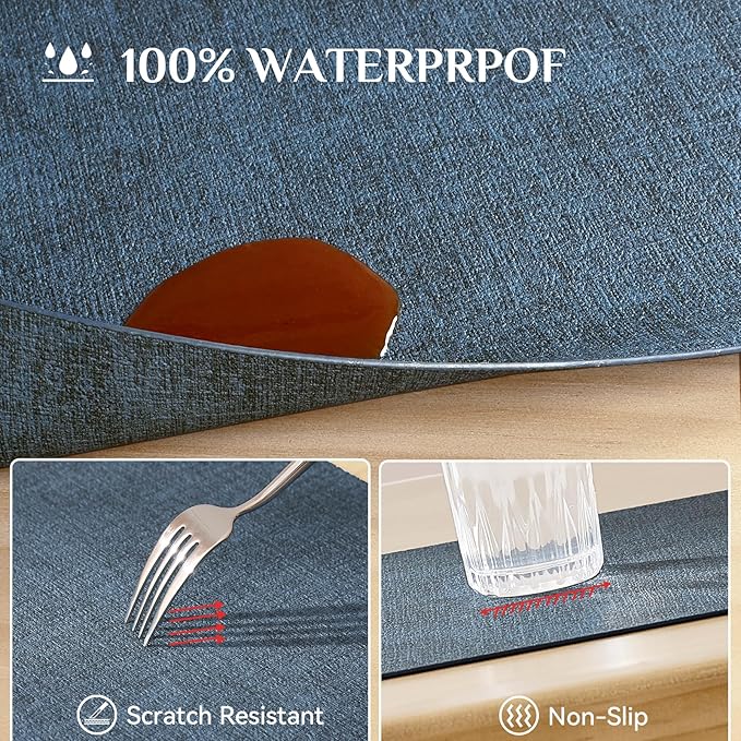 Softalker Faux Leather Placemats Set of 4-Vinyl Heat Resistant Place Mats, 100% Waterproof Oilproof Wipe Clean Table Mats for Indoor & Outdoor Use, 17’’×12’’, Navy Blue