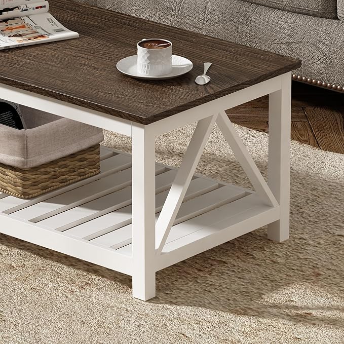ChooChoo Farmhouse Coffee Table, Rustic Vintage Living Room Table with Shelf, 47 White
