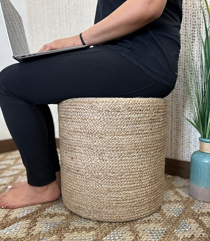S & L Homes Pouf Ottoman - 100% Jute Braided Footrest Pouf Hand Knitted Traditional Cord Boho Pouffe for Living Room, Bedroom, Nursery, Patio, Lounge Colorblock - Natural Navy (16”x16”x16”)
