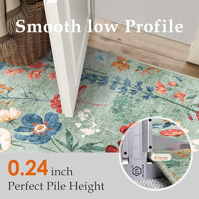Floral Runner Rug 3x7 Washable Hallway Long Green Bedroom Carpet Non Slip Indoor Boho Kitchen Low Pile Accent Rug Lightweight Soft for Bathroom Dining Laundry Living Room