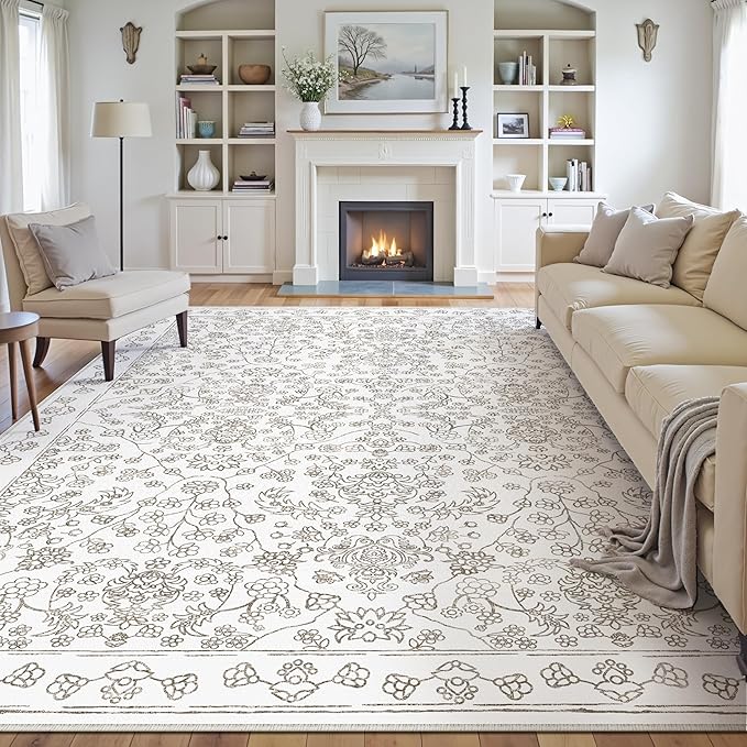 Floral Area Rug 5x7 Washable Taupe Carpet Non Slip Large Boho Thin Farmhouse Throw Accent Rug for Living Room Bedroom Office Kitchen Bathroom
