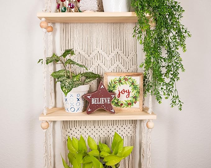 SnugLife Macrame Wall Hanging Shelf - 3 Tier Wall Plant Hanger Shelves with Handmade Woven Rope - Boho Shelves Organizer for Kitchen, Bathroom, Home Storage, Floating Plant Shelf (Pine Wood)