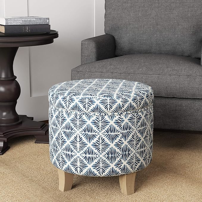 Homepop Home Decor | Upholstered Round Storage Ottoman | Ottoman with Storage for Living Room & Bedroom with Flared Legs, Navy Blue Geometric Pattern Large