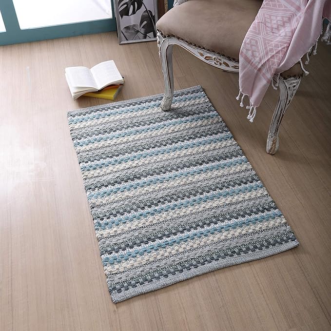 Rug Area Rugs Cotton 2x3 Ft Chenille Yarn for Livingroom Bedroom Washable RagRug Reversible Farmhouse Kitchen RunnerRug Carpet Area Runner Mat for Hallway, Entryway|Aqua Combo