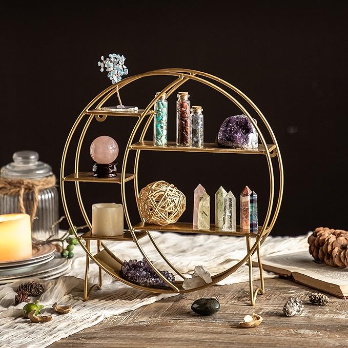 Moon Shelf for Crystals - Circle Shelf Wall Decor for Wall and Countertop - Crystal Shelf Display for Stones, Essential Oil, Pendulum - Boho Hanging Moon Shelves (Matte Gold)