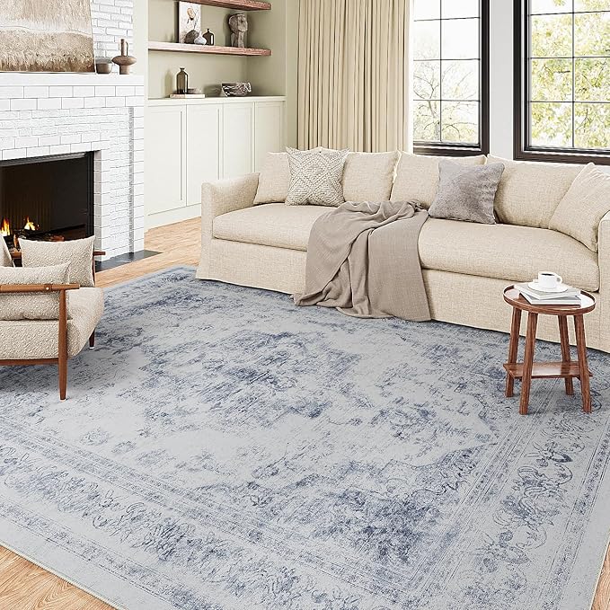 Washable Rug 9x12 Area Rug for Living Room Blue Vintage Boho Medallion Large Distressed Retro Carpet Non Slip Indoor Low Pile Small Soft Bedroom Dining Room Home Office