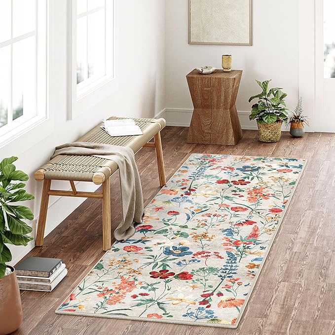 Floral Runner Rug 2x6 Washable Hallway Long Beige Bedroom Carpet Non Slip Indoor Boho Kitchen Low Pile Accent Rug Lightweight Soft for Bathroom Dining Laundry Living Room