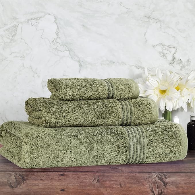 Superior Egyptian Cotton 3-Piece Towel Set, Assorted Towels, Home Bathroom, Master, Guest Bath, Decor Essentials, Includes 1 Bath, 1 Hand, 1 Face Towel/Washcloth, Quick Dry, Absorbent, Forest Green