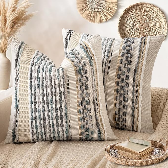 ANRODUO Pack of 2 Boho Decorative Throw Pillow Covers 18x18 Farmhouse Cushion Case Striped Chenille Pillow Cases Square Pillow Covers Accent Neutral Pillowcase for Sofa Couch Bed, Gray Blue Stripe