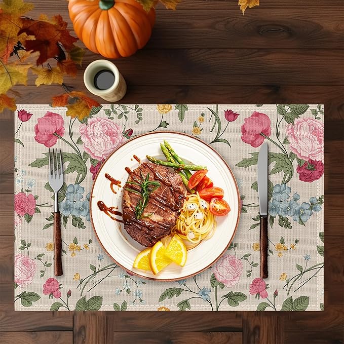 Summer Floral Placemats Set of 6,Washable Heat Resistant 12×18 Inch Linen Table Mats Vintage Rose Place Mats for Summer Party Outdoor Dining Decor