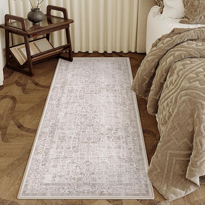 Light Brown Runner Rug 3x8 Hallway Machine Washable Kitchen Vintage Distressed Non Slip Long Carpet Indoor Retro Floral Bedroom Accent Throw Rug for Bathroom Office Laundry Dining Room