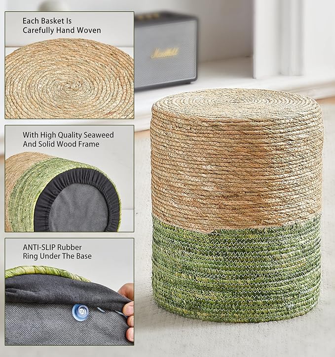 Cplxroc Ottoman Poof Natural Seagrass Poufs Hand Weave Round Footstool Pouffe Accent Chair Sitting Braided Footrest W/Jute Cover Boho Decor for Living Room, Bedroom