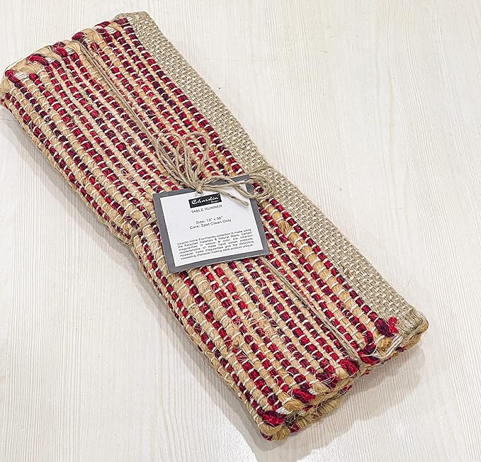 Chardin home Natural Jute Table Runner 13x36 Inch – Vintage Boho Rustic Table Decor – Handwoven Jute Table Runner in Natural and Red Charcoal – Farmhouse Dining or Console Table Accent