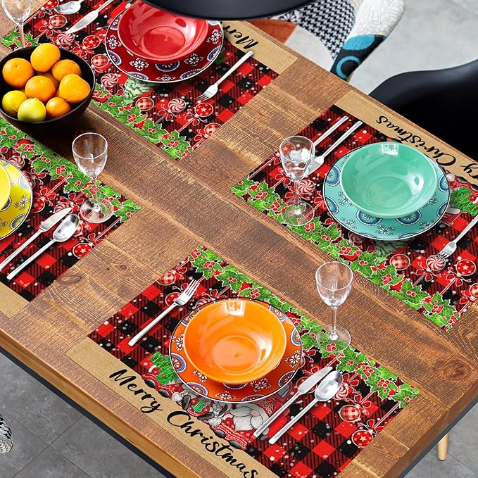 Winter Placemats Set of 4, 12 x 18 Inch Xmas Tree Gnome Truck Dining Table Mats Red Black Buffalo Plaid Rectangle Tabletop Decor for Holiday Seasonal Dining Party