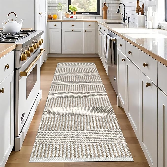 Bedding Craft Jute Cotton Stripe Area Rug Runner for Living Room 24x72 Inch - Natural Ivory - Machine Washable 2x6 Feet Rugs - 70% Jute and 30% Cotton