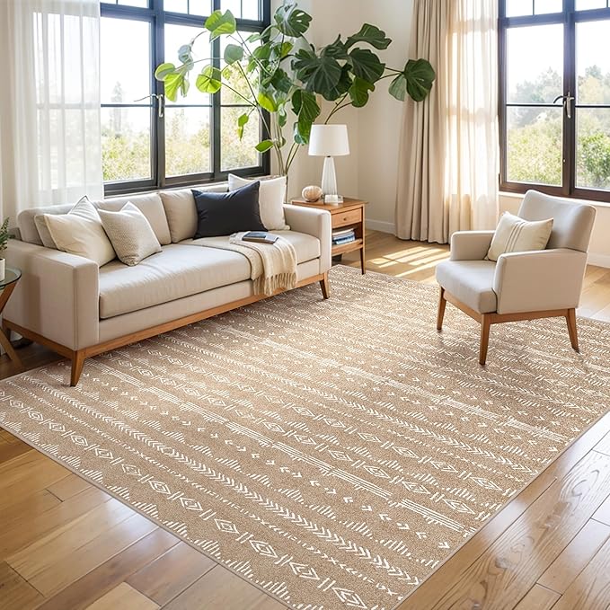 Area Rug 6x9 Living Room Distressed Area Rugs, Non Slip Washable Rugs Large Moroccan Boho Farmhouse Rug for Bedroom Dining Room, Neutral Low Pile Indoor Floor Carpet, Coffee