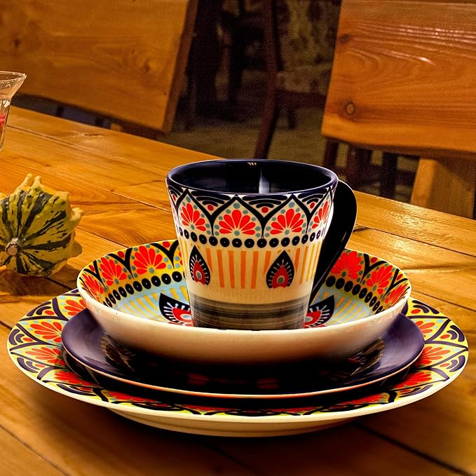 Elama Zen Blue Mozaik Multicolored Round Stoneware Mandala Pattern Dinnerware Set, 16 Piece